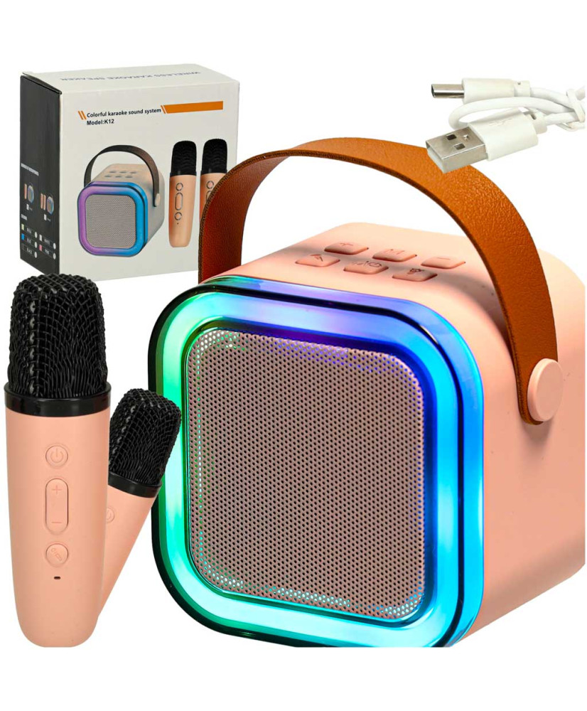 Karaoke set 2 microphones + portable speaker BLUETOOTH USB LED pink