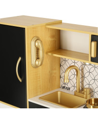 Wooden kitchen for children with refrigerator gold