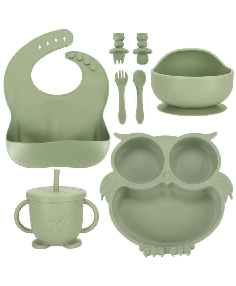 Silicone dishes for kids owl milita green