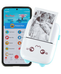Mini thermal label photo printer + USB cable cat blue