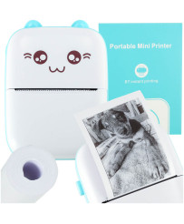 Mini thermal label photo printer + USB cable cat blue