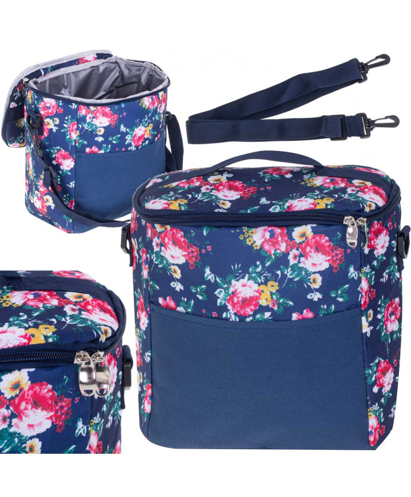 Thermal bag for lunch beach picnic 11L navy blue with flowers