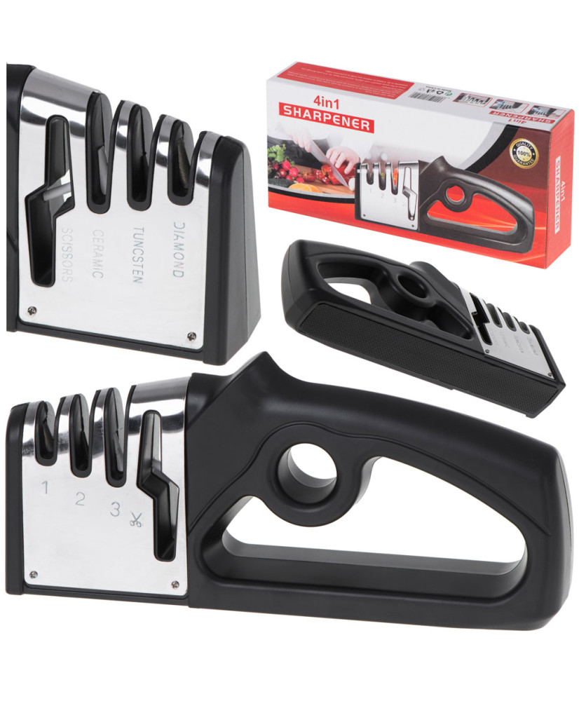 Sharpener for kitchen knives and scissors 4-in-1