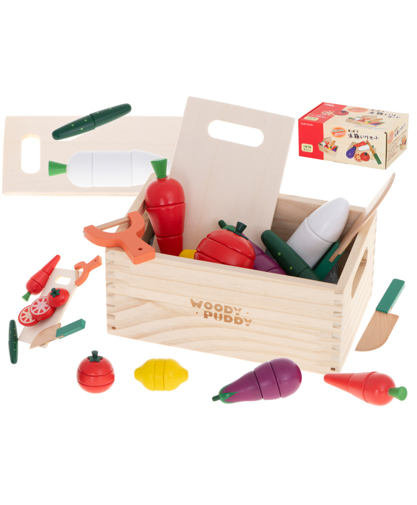 Wooden vegetables for cutting on a magnet in a box + accessories