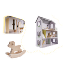 Wooden dollhouse + furniture 70cm grey