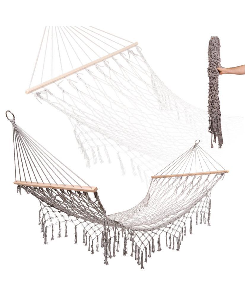 Garden hammock boho mesh tassel 200cm grey