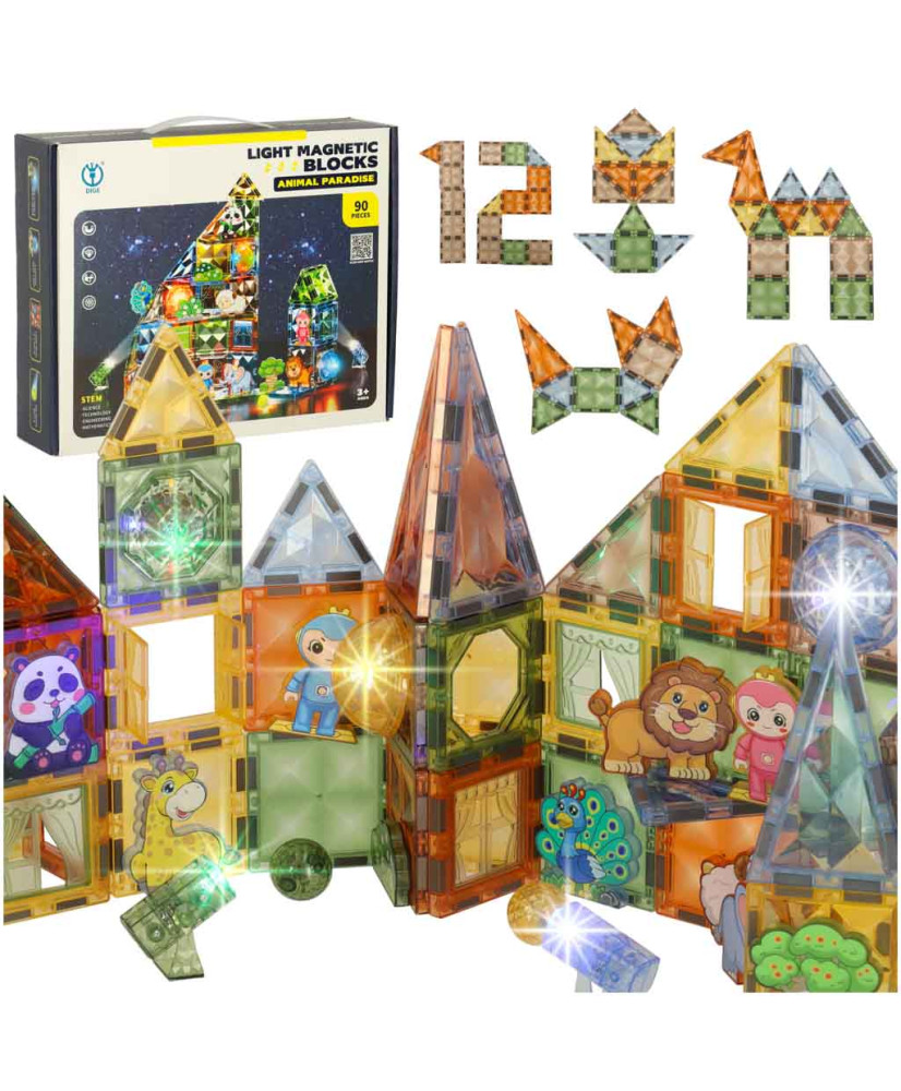 3D construction magnetic blocks glowing animal park 90 el.